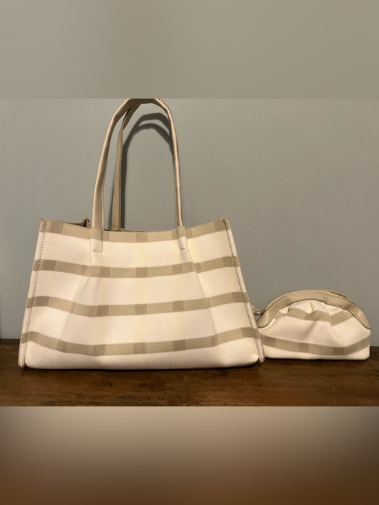 Neiman Marcus Handbags - Neiman Marcus Ecru Stripe Woven Tote & Small Zip Pouch